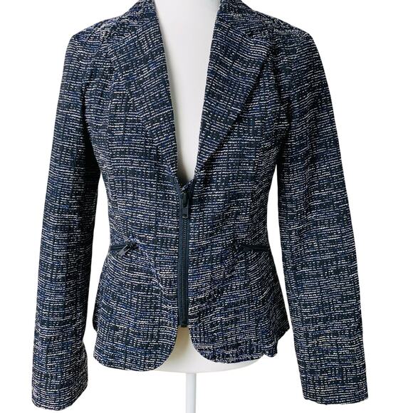 Cabi Size 4 Women's Tweed Blazer Jacket Black White Blue Zip Front Career Preppy - Picture 1 of 11